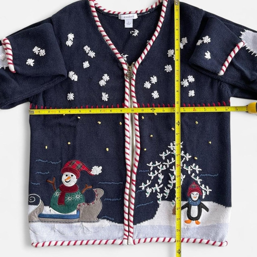 Dress Barn Navy Blue Knit Christmas Holiday Snowman Penguin Embroidered Cardigan - Picture 4 of 7